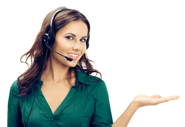 A wall display in a public service area with digital service sections. It features a large image of a smiling woman with glasses in the center, surrounded by digital screens and icons representing different electronic services. There are two orange kiosks with touch screens for self-service on the right side.
